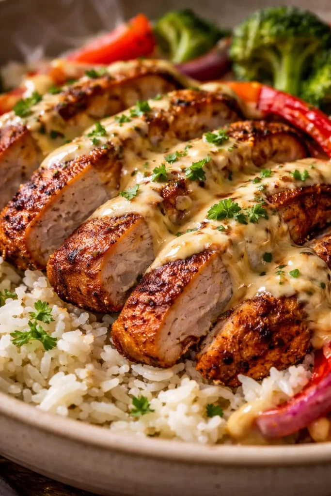 Cajun chicken over creamy rice bowl