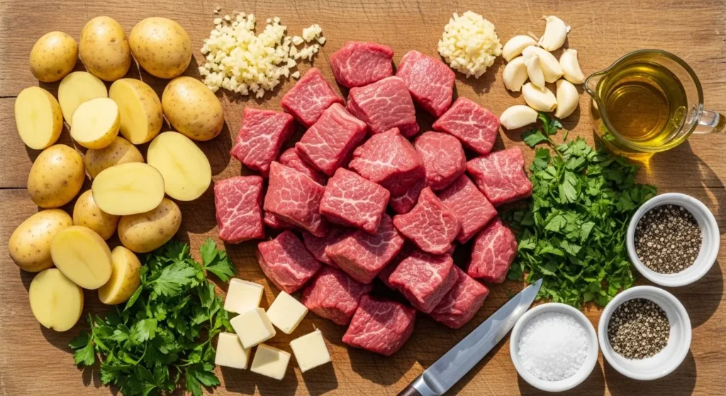 Garlic Butter Steak Bites and Potatoes ingredients 