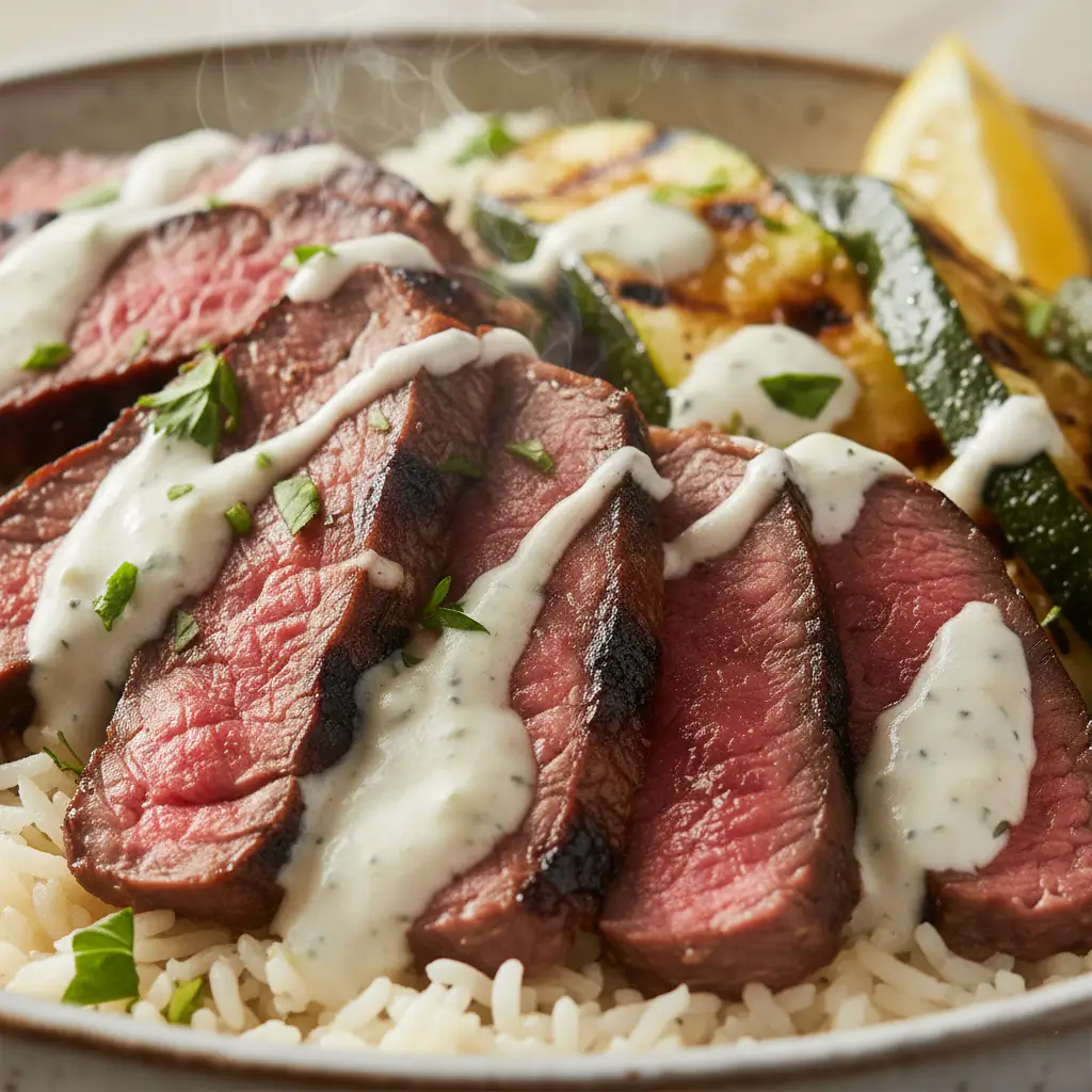 Grilled Steak Bowl with Sauce and Grilled Zucchini (1)