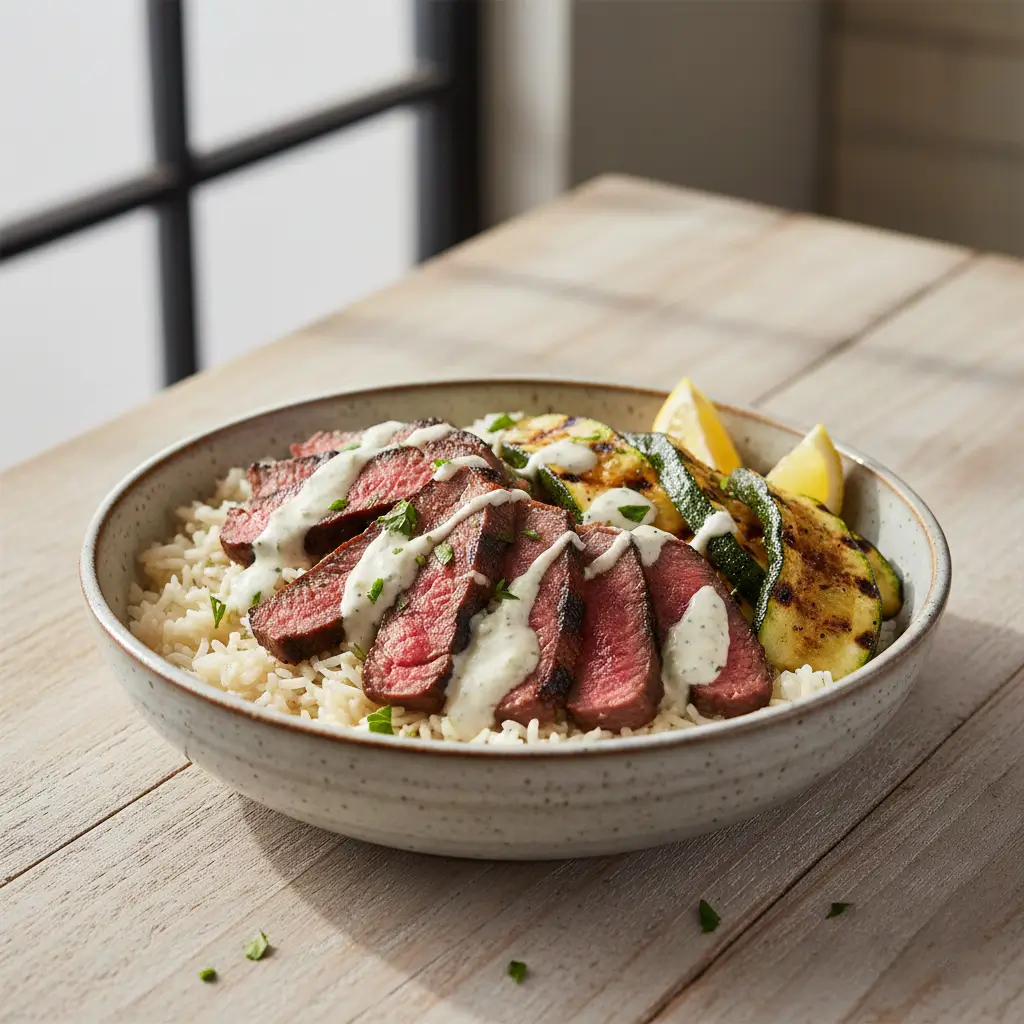 Grilled Steak Bowl with Sauce and Grilled Zucchini (2)