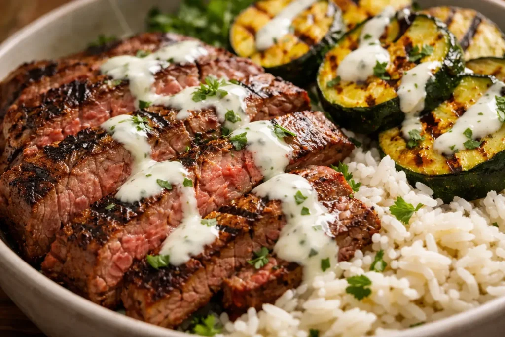Grilled steak bowl with garlic sauce