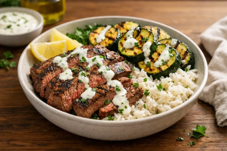Grilled Steak Bowl with Sauce and Grilled Zucchini