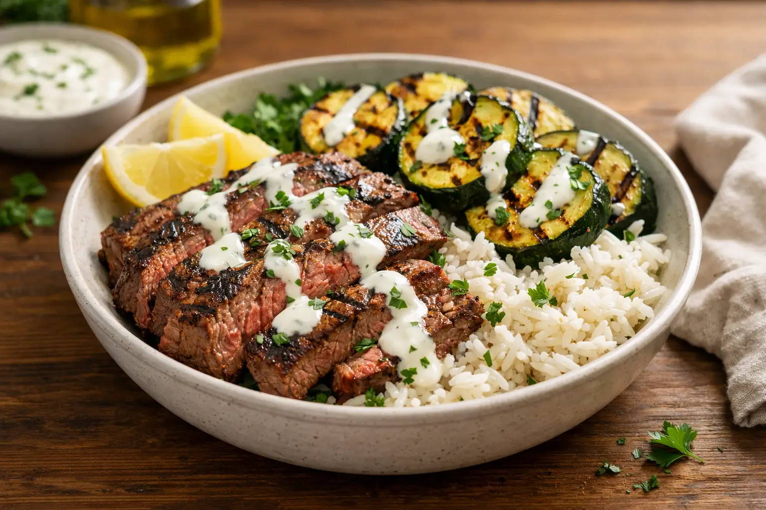 Grilled Steak Bowl with Sauce and Grilled Zucchini
