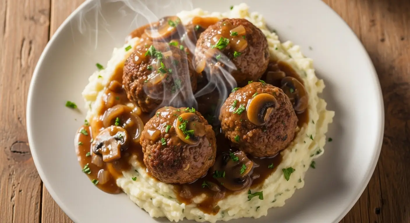 Salisbury Steak Meatballs with Garlic Herb Mashed Potatoes